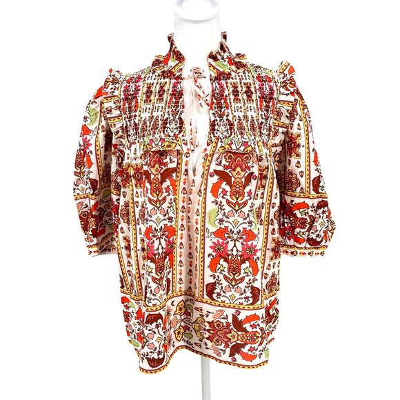 NWT Cara Cara “Bali” Top L | Egret Striped Emblem | Smocked Ruffle Cotton Blouse - Picture 1 of 14